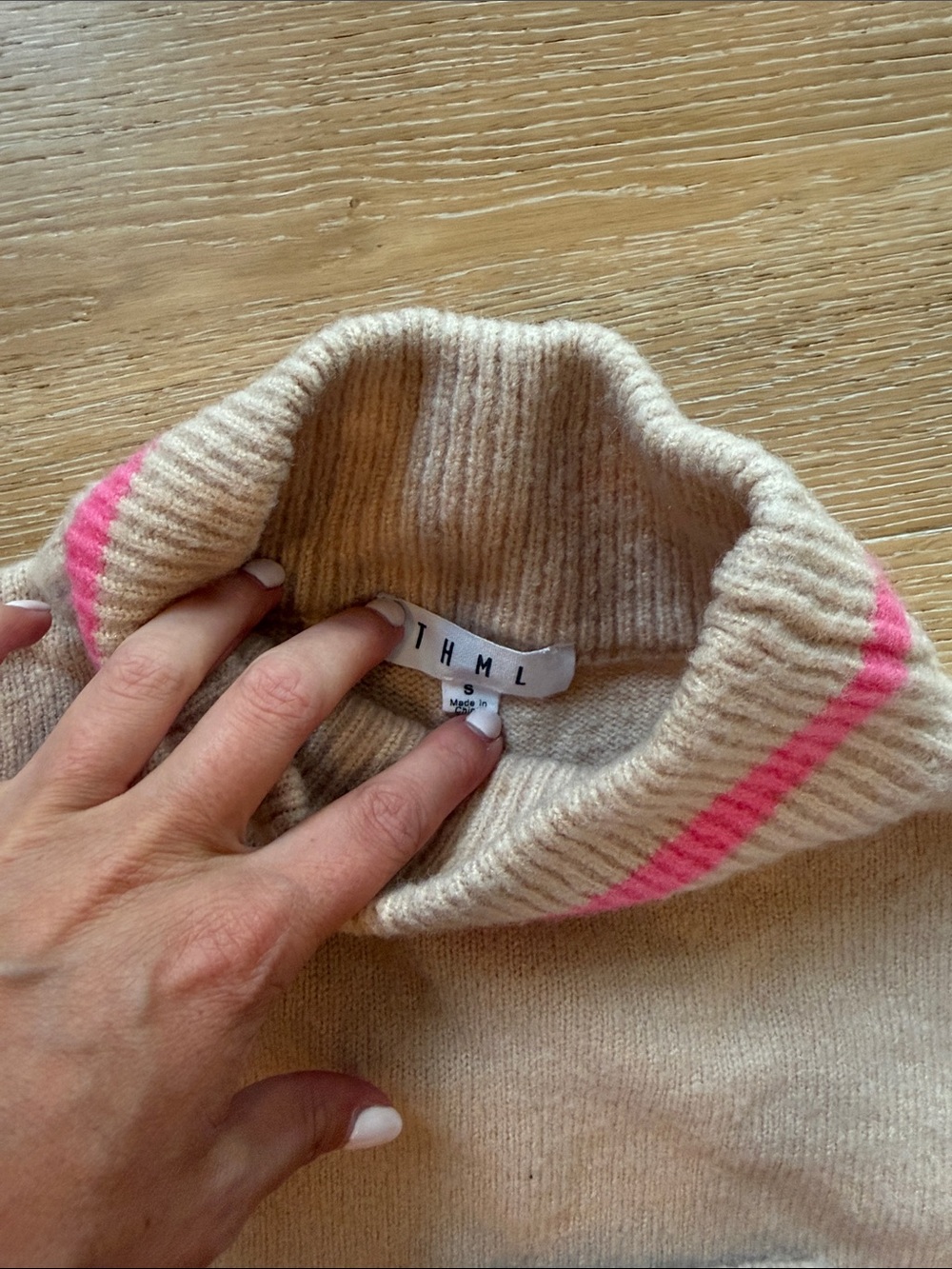THML Light Pink / Cream Turtleneck Sweater with Pink Stripe Detail - Picture 2 of 3